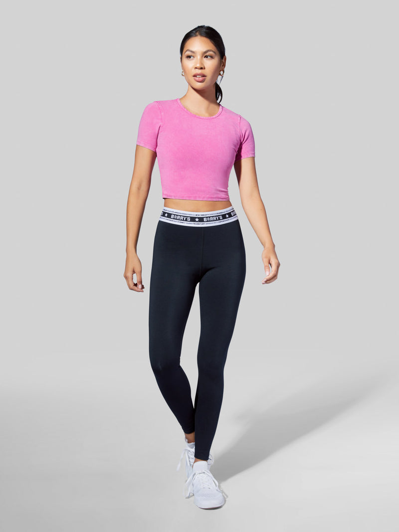 BARRY'S PINK DENIM PERFORMANCE CROPPED SS TOP
