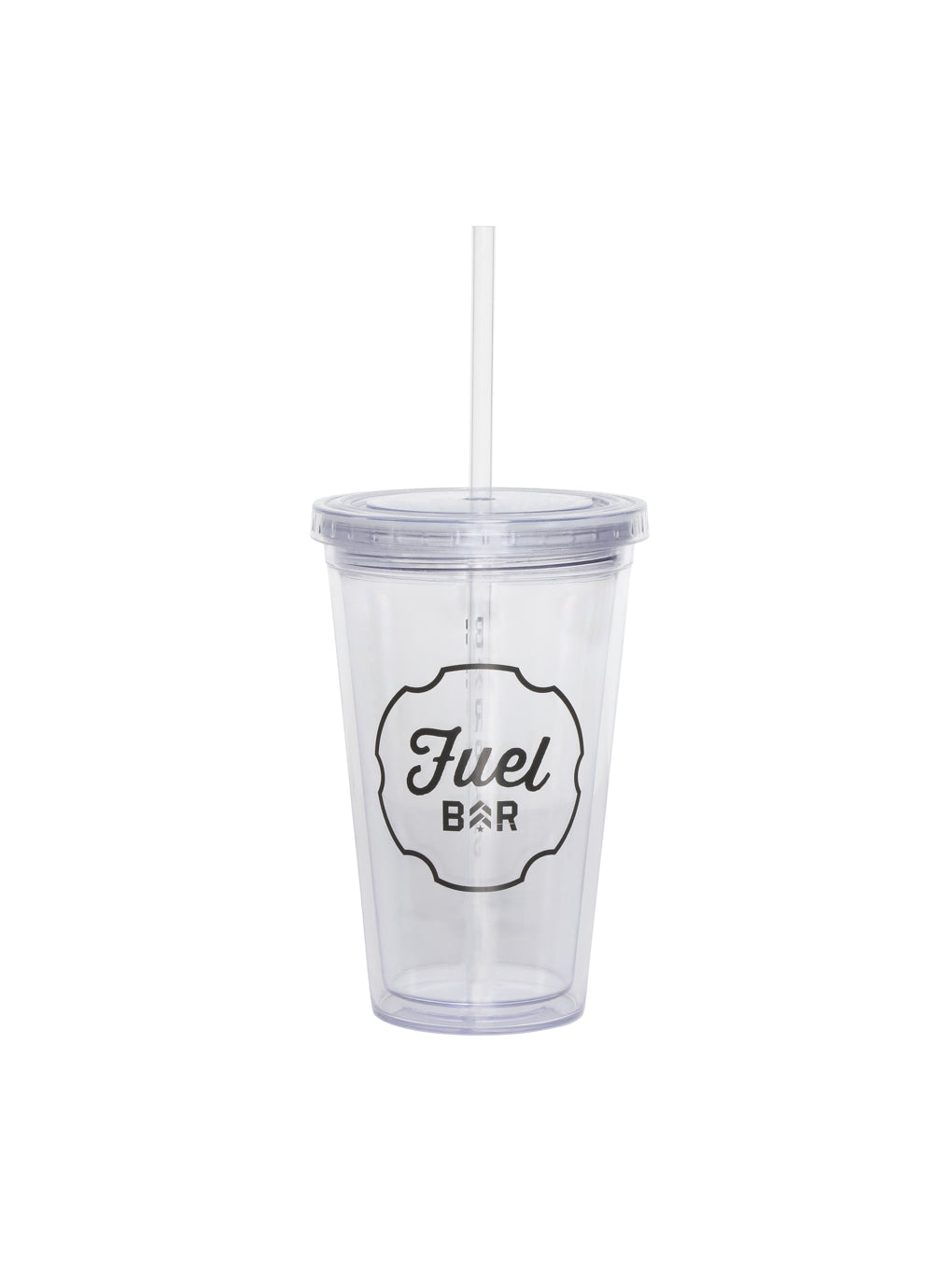 clear plastic travel tumbler cup with strap with fuel bar logo
